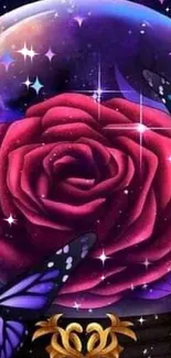 A vibrant artwork of a red rose surrounded by purple butterflies and a celestial background.