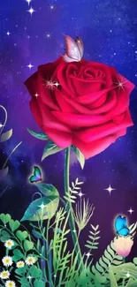 Red rose and butterfly with a galaxy background.