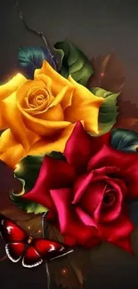 Mobile wallpaper with red and yellow roses, and butterfly.