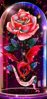 Vibrant art of a rose and dragon under a glass dome with pink and purple hues.