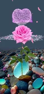 Pink rose with heart on a colorful pebble background, artistic mobile wallpaper.