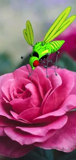 Bright neon green insect on a pink rose.