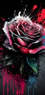 Abstract rose with vibrant color splash on dark background.