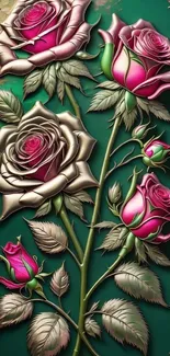 Intricate pink rose design on green background wallpaper.