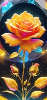 Orange rose against a vibrant cosmic background, perfect for mobile wallpaper.