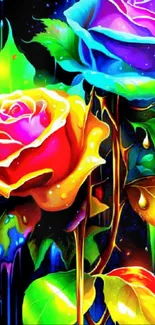 Vibrant mobile wallpaper with colorful roses and dripping paint.