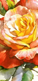 Vibrant red and yellow watercolor rose artwork wallpaper.