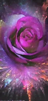 Vibrant digital art of a purple rose with colorful explosion effect.