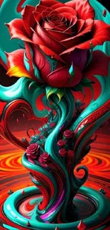 Surreal mobile wallpaper with vibrant rose artwork.