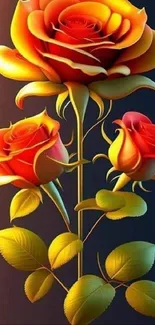 Vibrant orange and red roses on dark backdrop.