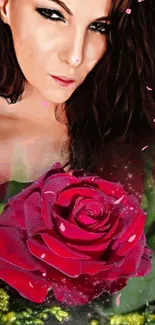 Bright red rose with a mysterious figure on mobile wallpaper.