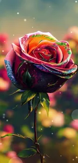 Vibrant multicolored rose with dreamy background