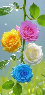 Vibrant roses in full bloom with dewdrops.