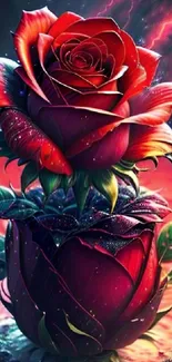Digital art of vibrant red roses with a stunning background.