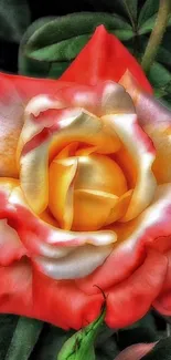 High-resolution image of a vibrant rose bloom with lush green leaves.