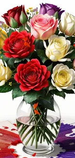 A vibrant bouquet of roses in a glass vase, showcasing rich colors.