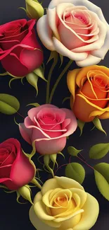 Vibrant bouquet of colorful roses on dark background.