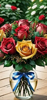Vibrant bouquet of red, yellow, and pink roses in a clear vase.