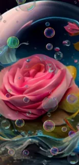 Artistic wallpaper with pink rose inside a bubble, water, and vibrant colors.