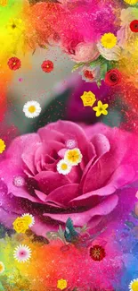 Pink rose with vibrant color splash background.