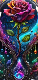 Vibrant cosmic wallpaper with a colorful rose and abstract elements.