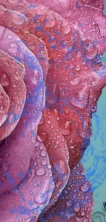 Pink rose with water droplets and blue accents wallpaper.