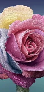 A vibrant rose with dew drops on petals against a gradient background.