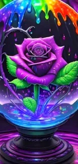 Mystical globe with a purple rose and vibrant colors.