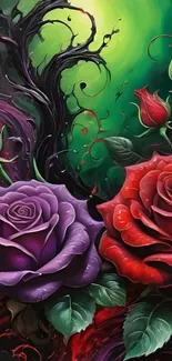 Fantasy art of vibrant roses and dark tendrils with mystical colors