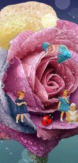 Colorful rose with dewdrops and children on a fantasy wallpaper.