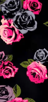 Dark floral wallpaper with pink and grey roses on a black background.