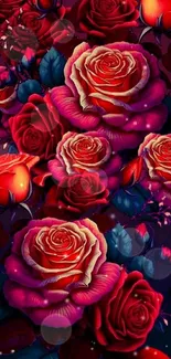 Vibrant floral wallpaper featuring red and pink blooming roses.