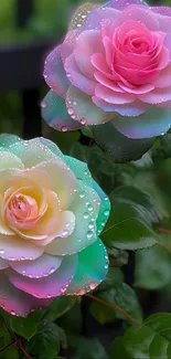 Vibrant roses with pastel colors and raindrops on leaves.