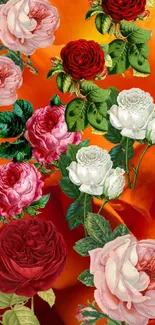 Vibrant wallpaper with red, pink, and white roses on an orange background.