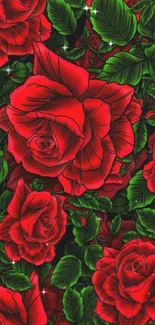 Vibrant red rose floral wallpaper with lush green leaves.