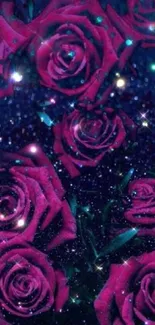 Vibrant pink roses with a starry galaxy background.