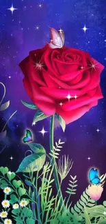 Vibrant red rose with butterflies against a galaxy-themed background.