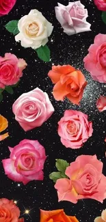 Vibrant roses in cosmic galaxy wallpaper with stars and petals.