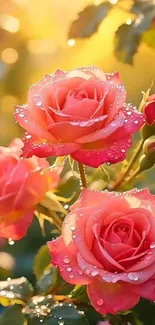 Vibrant roses with dewdrops in sunlight