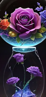 Colorful roses encased in a glowing glass globe with a dark background.