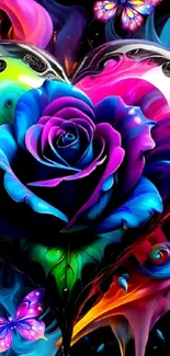 Colorful rose heart with butterflies wallpaper.