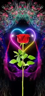 Vibrant red rose with colorful heart