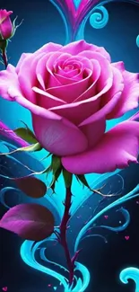 Vibrant pink rose with heart vines and blue accents.
