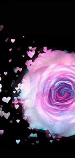 Pink rose with heart accents on black background wallpaper.