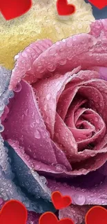 Beautiful pink rose with water droplets and red hearts design.