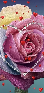 Vibrant rose with heart-shaped beads and dewdrops on colorful petals.