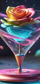 Colorful rose inside a glass with vibrant hues and artistic design.