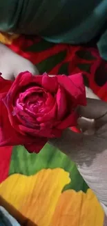 Hand holding a vibrant red rose on a colorful background.