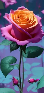 Vibrant pink and orange rose with lush green leaves and floral background.