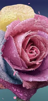 Close-up of a colorful rose with water droplets as phone wallpaper.